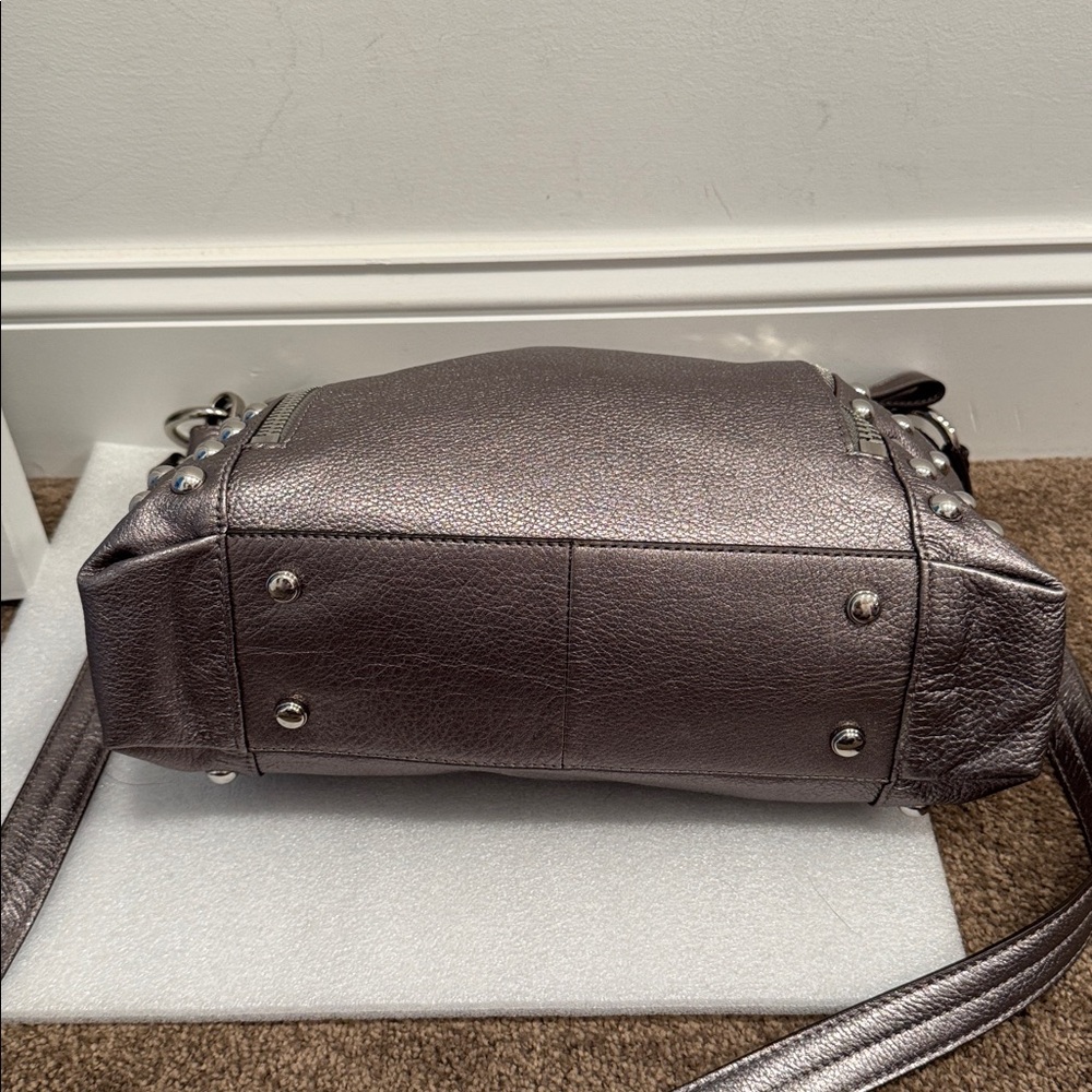 B.Makowsky Studded Metallic Leather Handbag - Picture 6 of 12